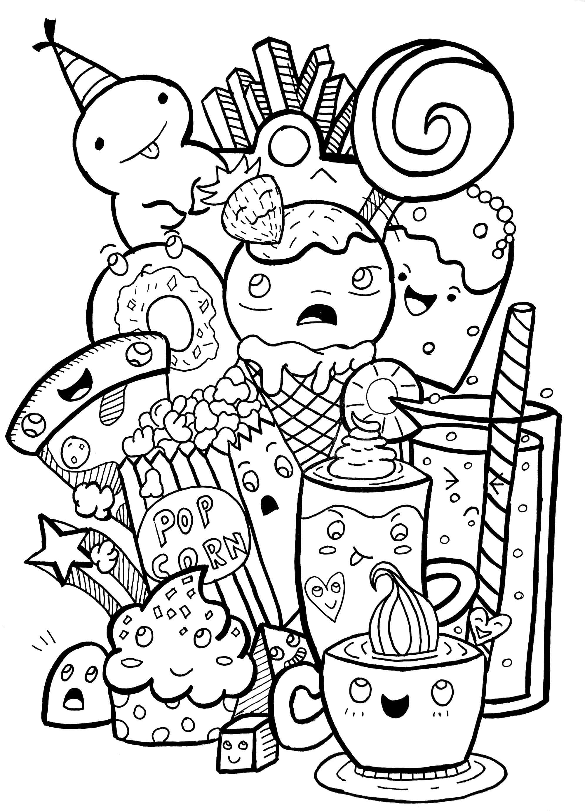 塗鴉 桌布 壁紙 — 一幅異想天開的黑白線條畫，描繪了帶有臉孔和派對帽的卡通風格糖果和小吃。