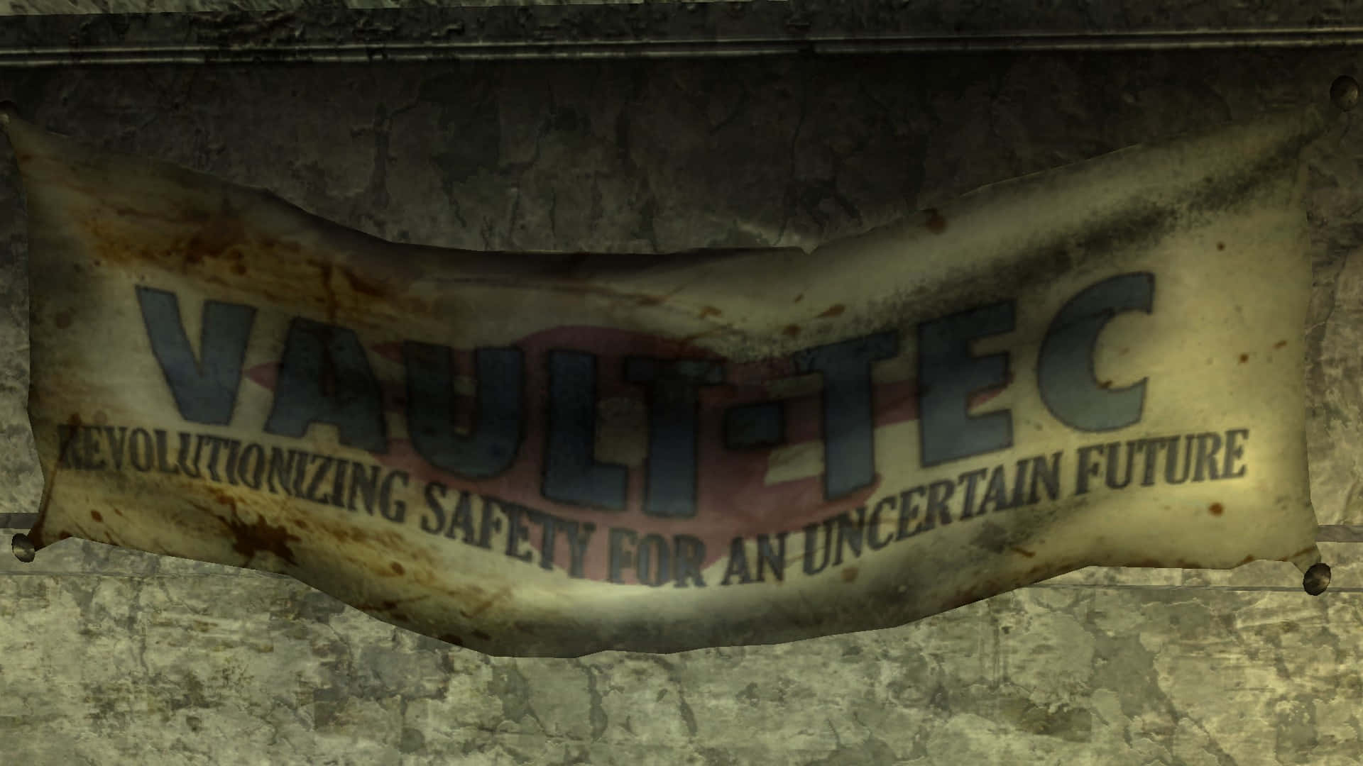 Vault-tec 桌布 壁紙 — 一幅破爛的Vault-Tec橫幅，帶有褪色的藍色字體，掛在後末日場景中骯髒的混凝土牆上。