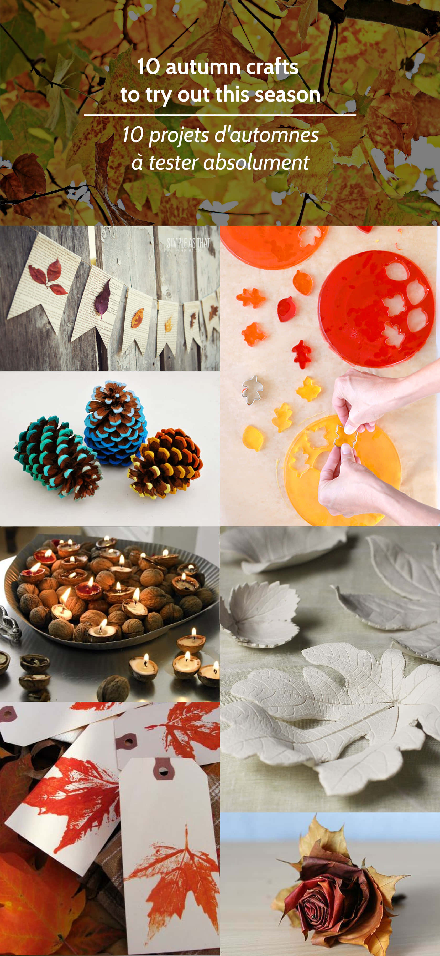 Fall Crafts 桌布 壁紙 — 一幅秋季手工藝拼貼畫，包含彩繪松果、樹葉拓印、燭光堅果和壓製樹葉藝術，背景為鄉村風格。