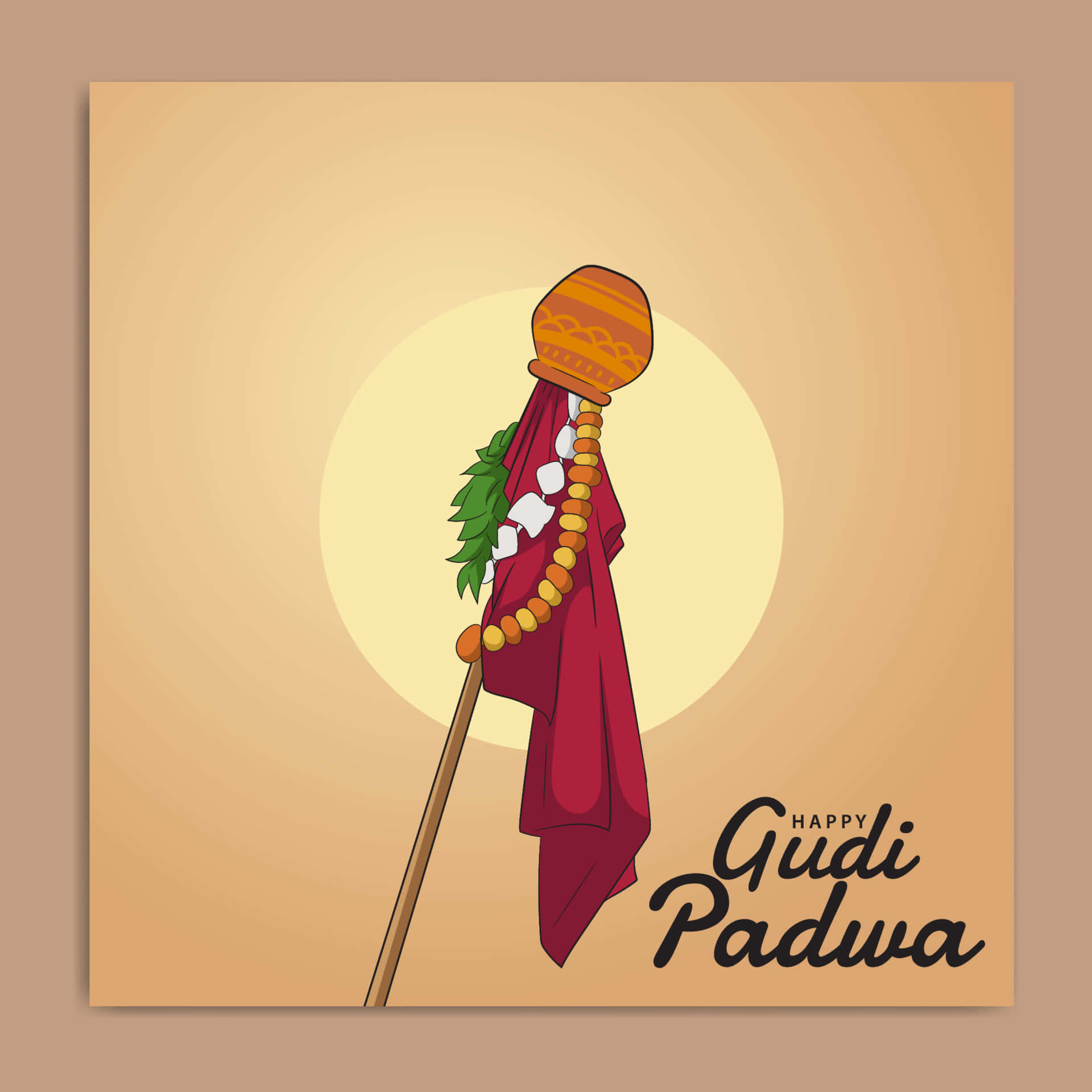 Gudi Padwa 桌布 壁紙 — 一幅節日Gudi Padwa慶祝插圖，特色是裝飾有栗色布珠和綠葉的木柱，背景為溫暖的漸變色。