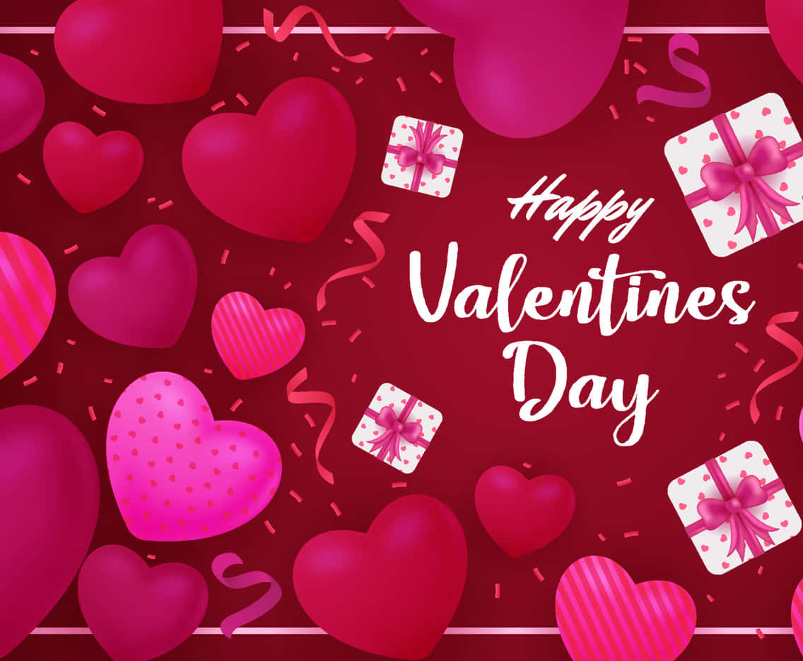 Happy Valentines Day 桌布 壁紙 — 一幅節日情人節插圖，在深紅色背景上有漂浮的心形、禮物和五彩紙屑。