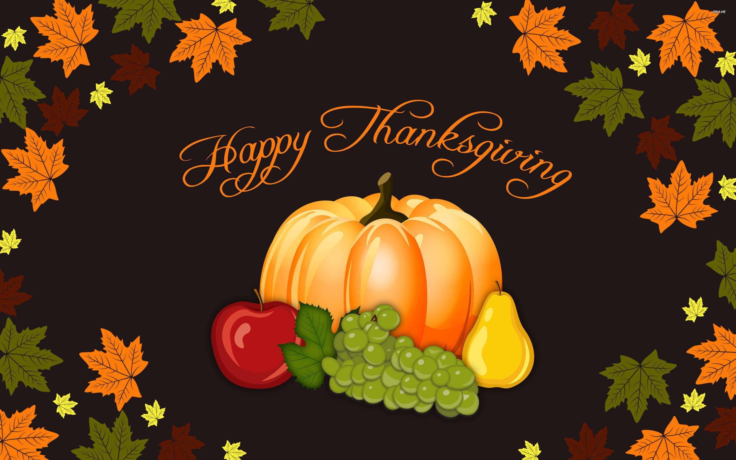 Happy Thanksgiving 桌布 壁紙 — 一幅節日感恩節插圖，以南瓜、蘋果、葡萄和梨為特色，周圍環繞著秋葉，背景為深色。