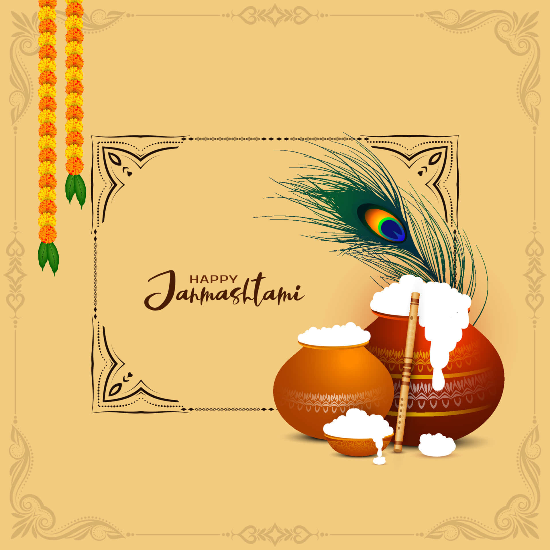 Krishna Janmashtami 桌布 壁紙 — 一幅節日插畫慶祝Jahmashthami，以裝飾牛奶罐、孔雀羽毛和金盞花花環為特色，背景為金色。