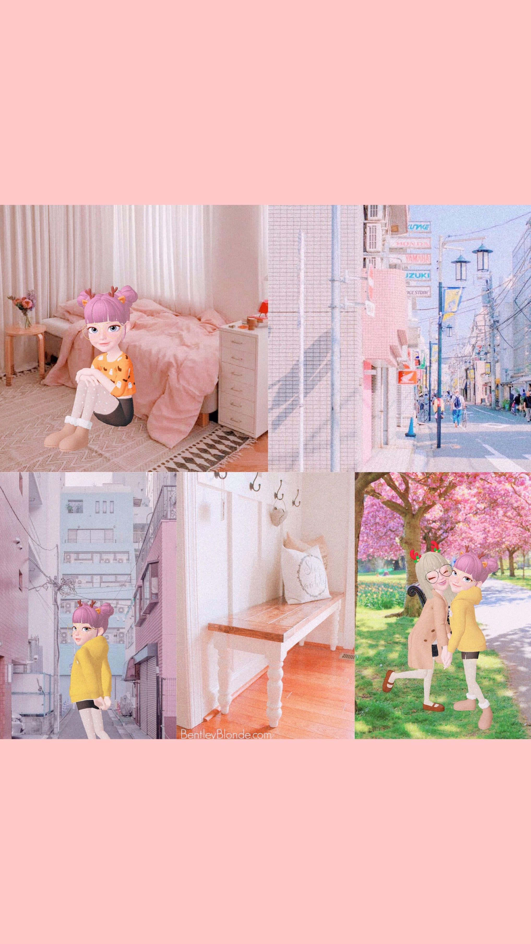 Zepeto 桌布 壁紙 — 一幅粉彩動漫拼貼畫，展示一個女孩在粉紅色臥室裡，走過櫻花街，坐在盛開樹下的長椅上。