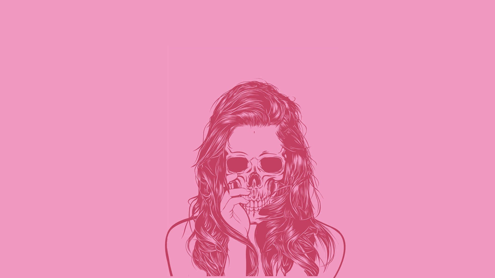 Simple Pink 桌布 壁紙 — 一幅粉紅色調的插圖，描繪一位擁有骷髏臉和長髮的女性，手靠近嘴巴，背景為純粉紅色。