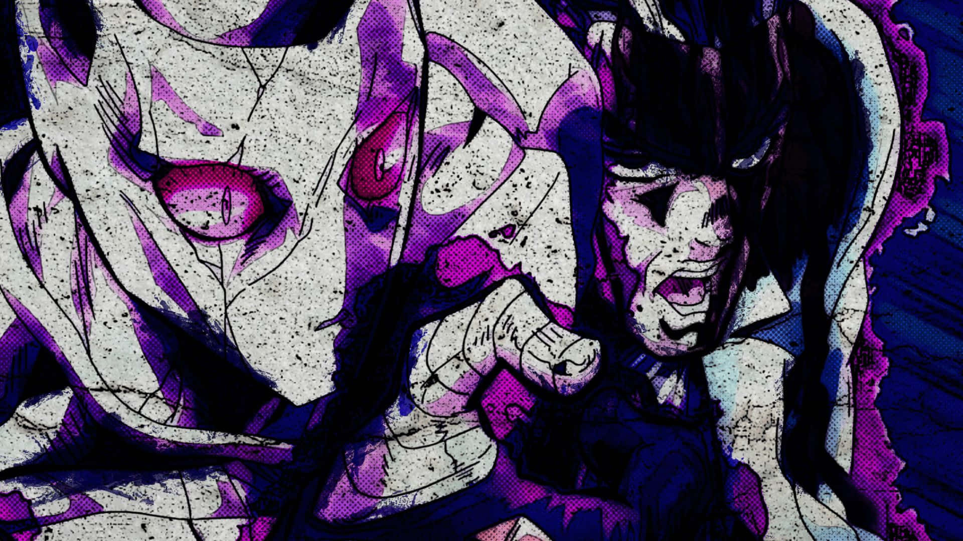 Kira Yoshikage 桌布 壁紙 — 一幅粗獷的動漫風格插圖，描繪一個戴面具的角色，擁有發光的紅色眼睛和一個在鮮豔紫色和白色中尖叫的臉。