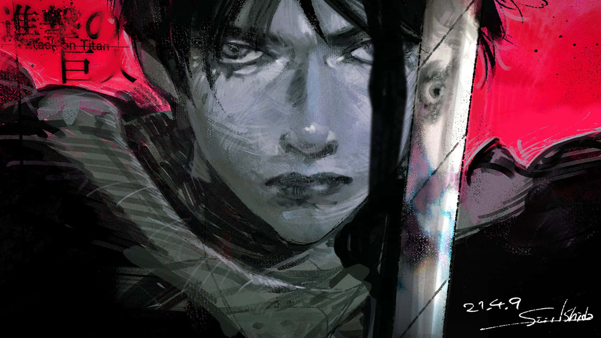 Sui Ishida 桌布 壁紙 — 一幅粗獷的動畫肖像，描繪一位黑髮、眼神銳利的堅定年輕男子，以劍為框，背景是鮮豔的紅色。