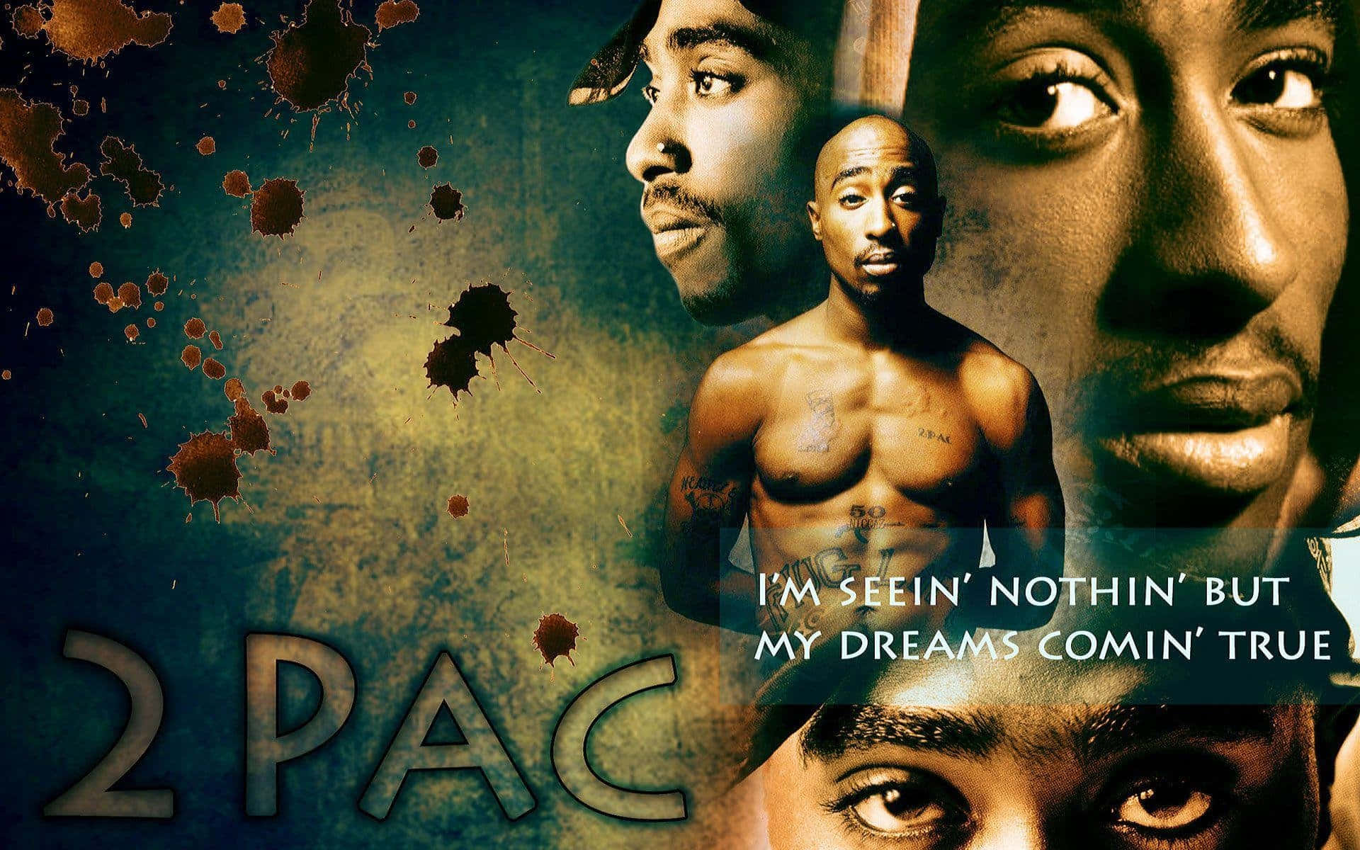 Tupac 桌布 壁紙 — 一幅粗獷的拼貼畫，展示Tupac Shakur強烈的面部表情和軀幹，背景為帶紋理的青綠色，帶有血濺效果，並以粗體字顯示他的名字。