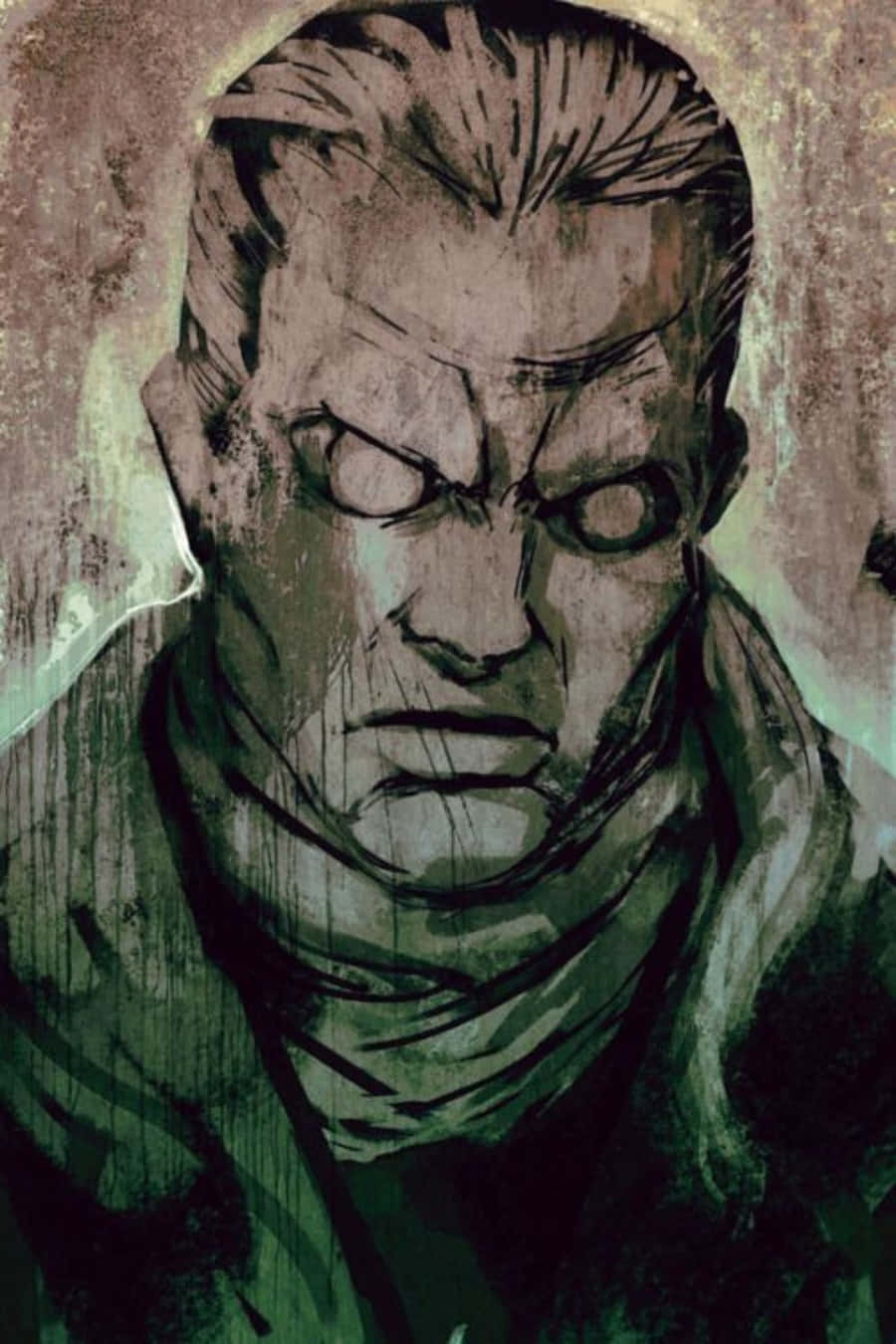 Ghost In The Shell Batou 桌布 壁紙 — 一幅粗獷的插畫肖像，描繪一個眼神銳利、臉上帶有疤痕、戴著圍巾的男子，背景帶有紋理。