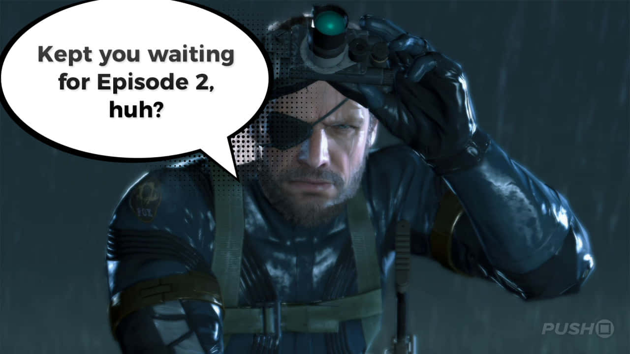 Metal Gear Solid Characters 桌布 壁紙 — 一幅粗獷的數位藝術肖像，描繪一名雨淋濕透的獨眼士兵，手持瞄準鏡，並有一個對話氣泡詢問期待中的集數。