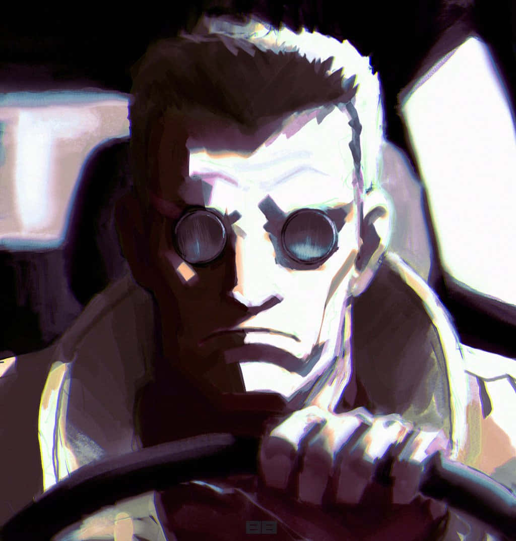 Ghost In The Shell Batou 桌布 壁紙 — 一幅粗獷的數碼藝術肖像，描繪一名戴護目鏡的男子在戲劇性燈光下緊握車內的方向盤。