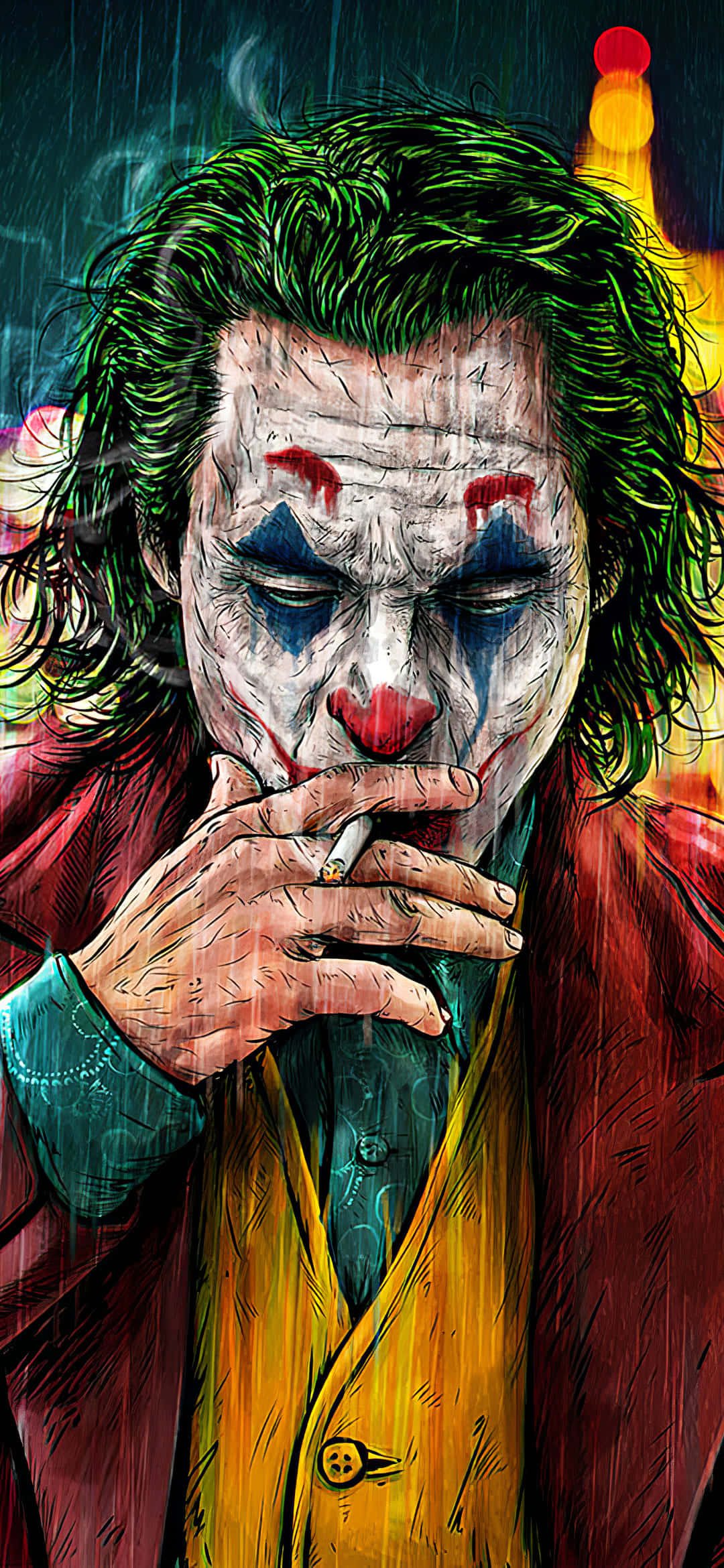 Joker Painting 桌布 壁紙 — 一幅粗糙插畫風格的小丑肖像，在雨中抽煙，背景有霓虹燈閃爍。
