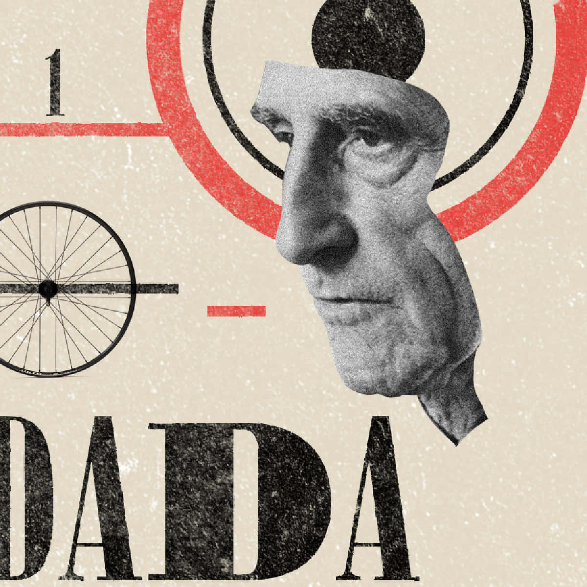 Dadaism 桌布 壁紙 — 一幅粗糙的拼貼畫，以紋理米色背景為襯托，呈現單色男性面孔、單車車輪和鮮明的紅色幾何形狀。