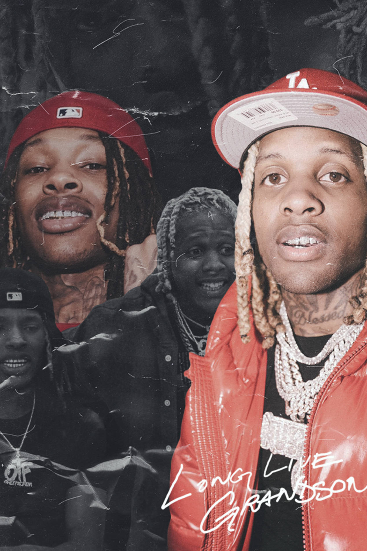 King Von And Lil Durk 桌布 壁紙 — 一幅粗糙的拼貼畫，描繪了四位戴著帽子和鏈條的微笑黑人男性，背景為深色紋理，並有白色字體寫著「Long Live Grandson」。