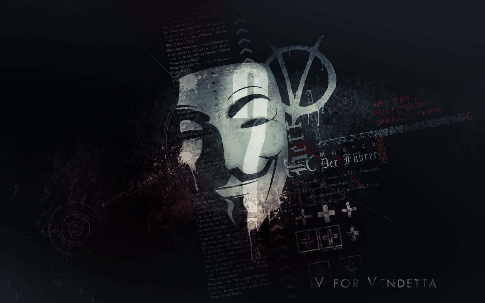 Anonymous 桌布 壁紙 — 一幅粗糙的數位藝術作品，以白色蓋伊·福克斯面具為特色，帶有V字仇殺隊標誌，背景為深色紋理，充滿碎片化的文字和符號。