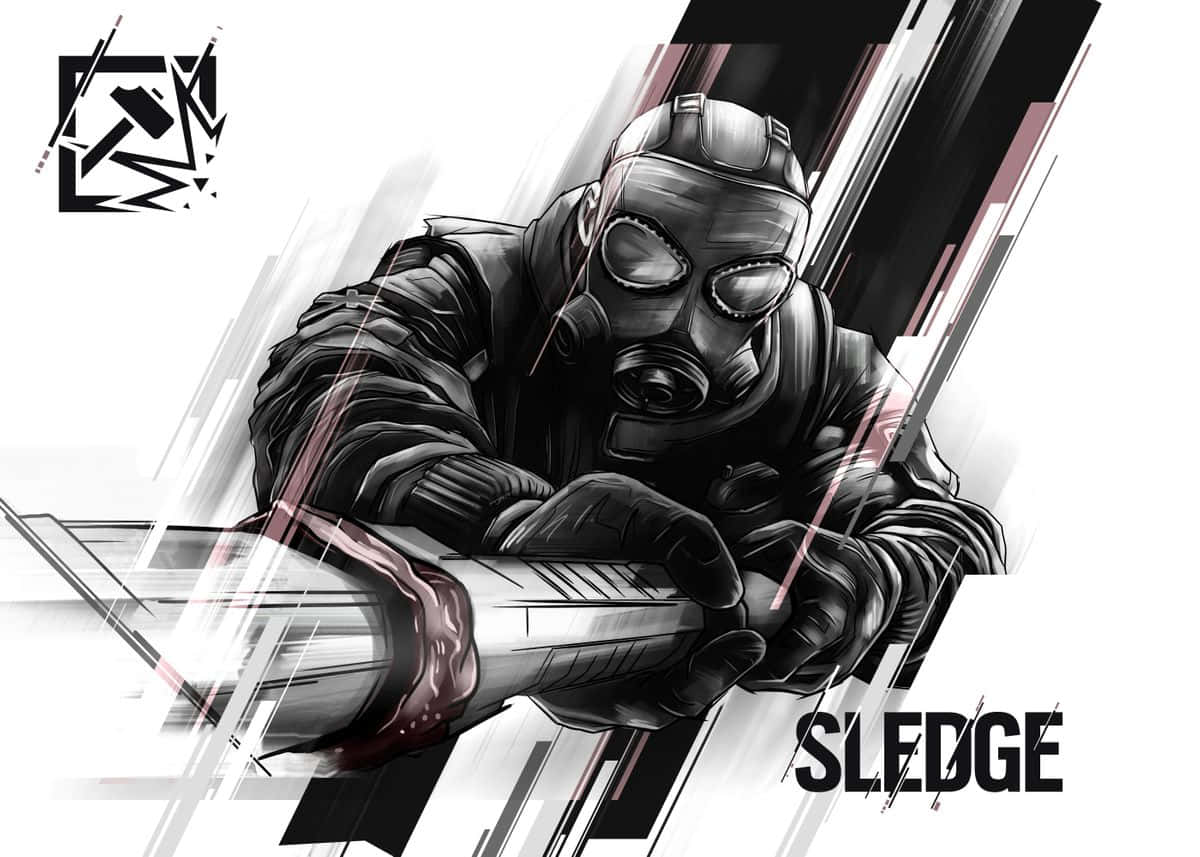Rainbow Six Siege Sledge 桌布 壁紙 — 一幅粗糙的數碼藝術插圖，描繪一名戴面具的士兵緊握重型武器，帶有動態運動線條。