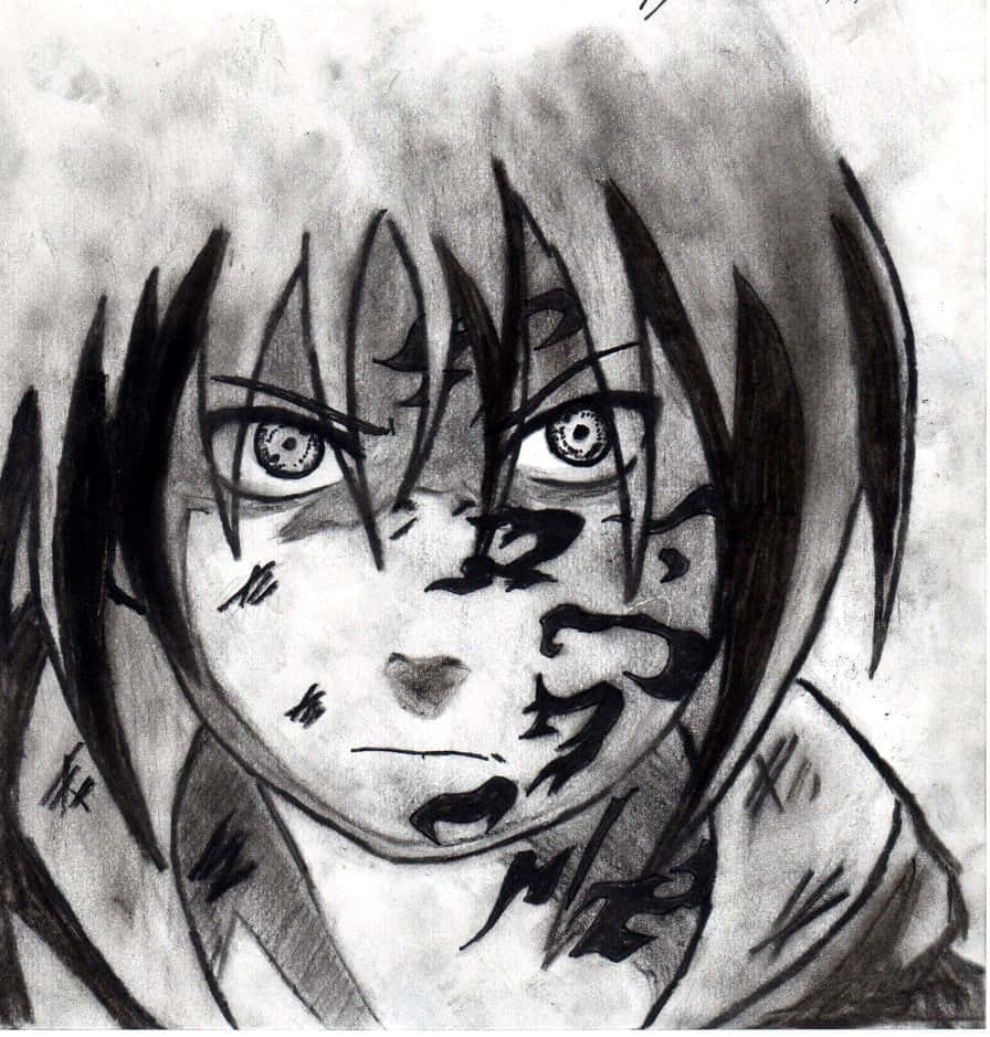 Charcoal Drawings 桌布 壁紙 — 一幅粗糙的木炭素描，描繪一個動漫角色，擁有銳利的眼神和臉上像墨水的標記。
