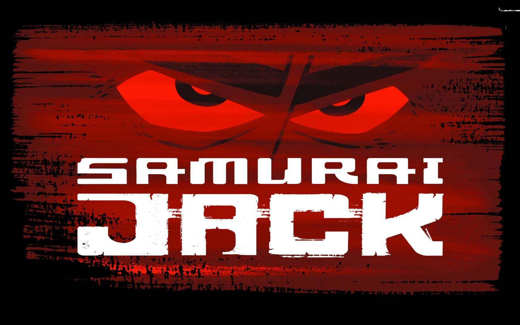 samurai jack 桌布 壁紙 — 一幅粗糙的紅色和黑色插圖，描繪了武士傑克強烈發光的眼睛向下凝視，帶有粗體白色標題文字。