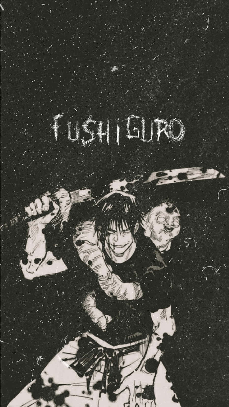 Toji Fushiguro 桌布 壁紙 — 一幅粗糙的黑白動漫插圖，描繪一個微笑的男人在一個被斬首的頭上揮舞著一把血淋淋的劍。