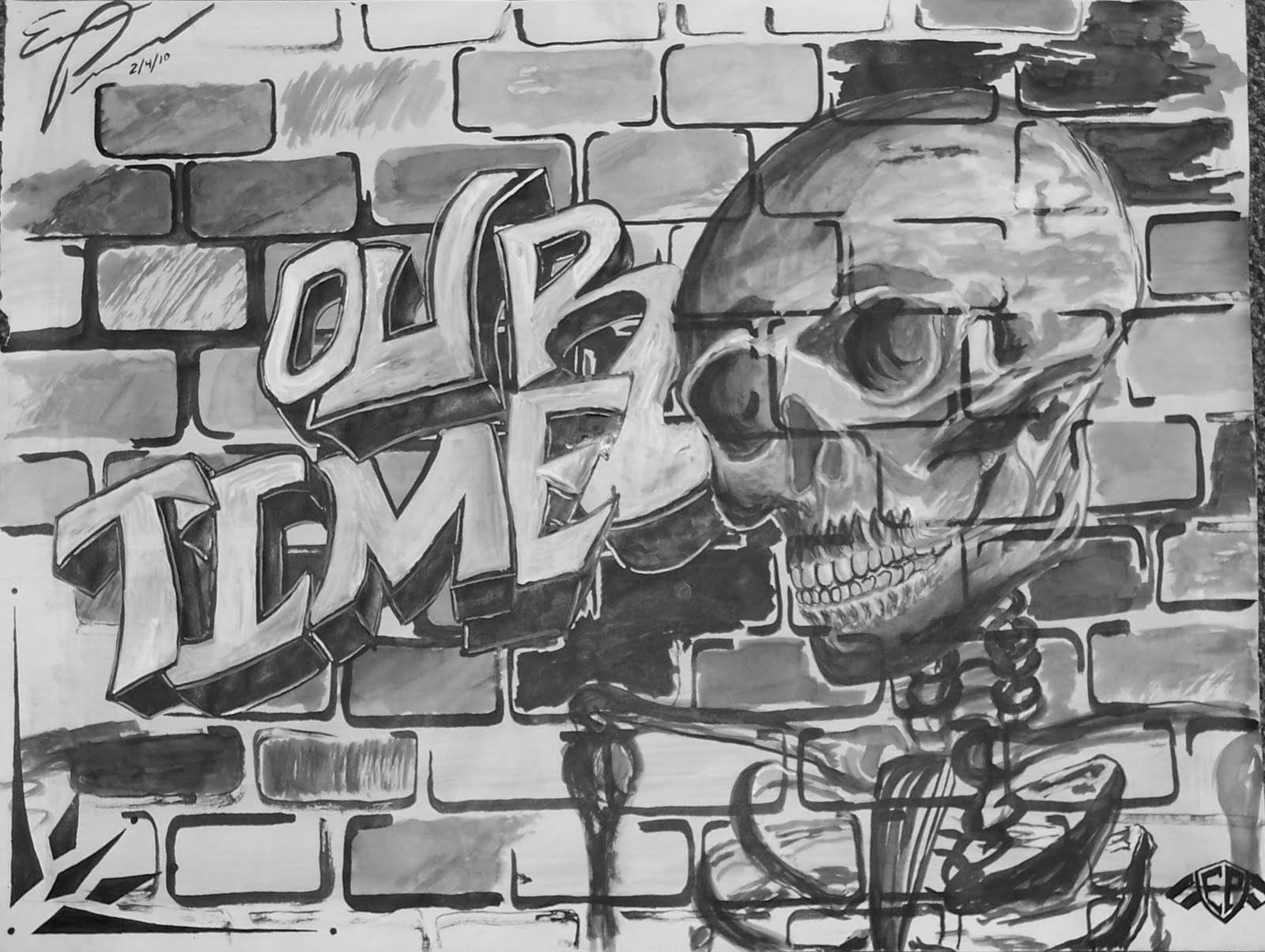 Black And White Graffiti 桌布 壁紙 — 一幅粗糙的黑白塗鴉壁畫，描繪一個骷髏頭，並在磚牆上以粗體3D字體寫上「OUR TIME」。