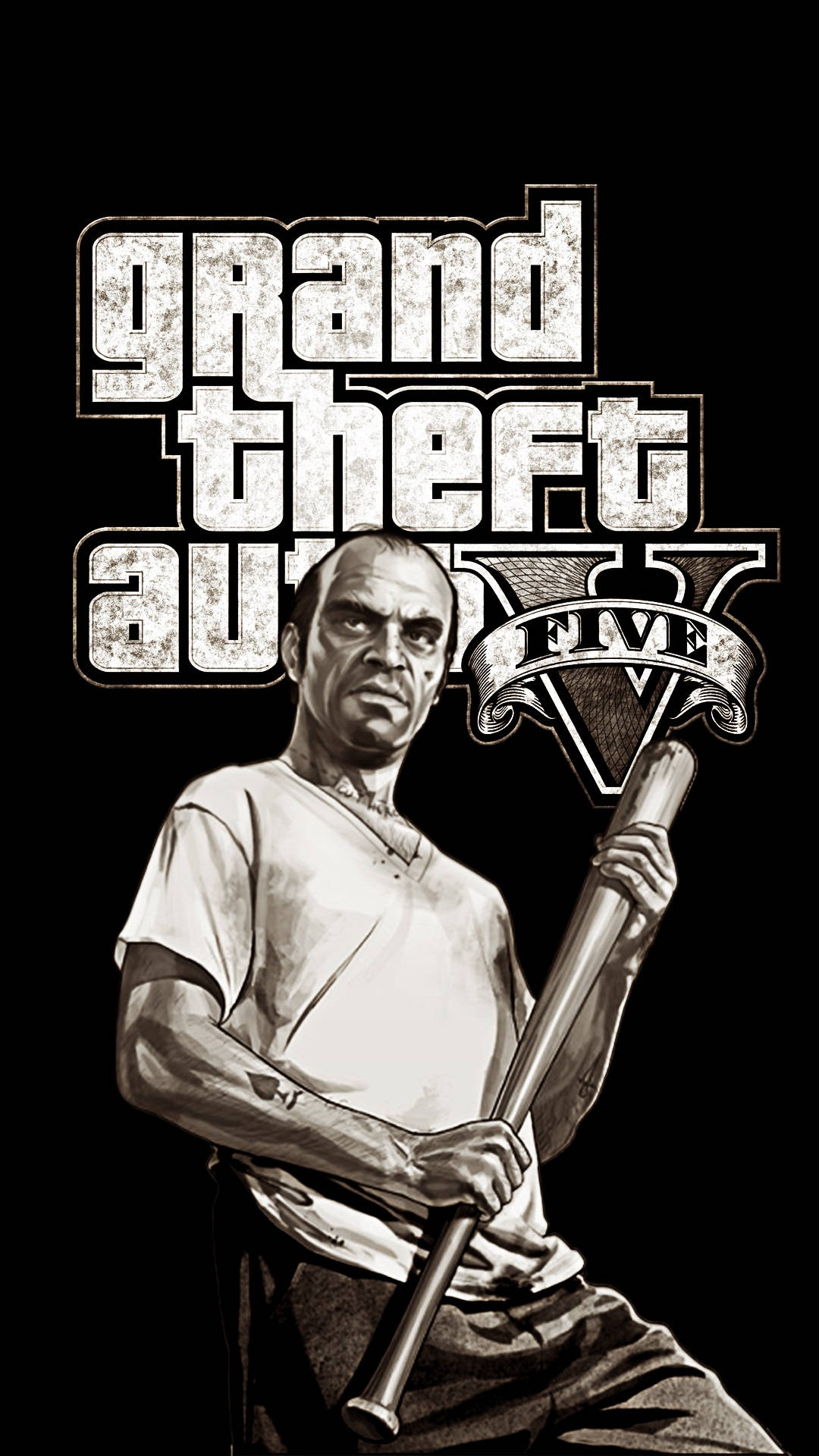 GTA iPhone Monochrome Trevor 壁紙 — 一幅粗糙的黑白插圖，描繪一個帶有威脅性的男人在『Grand Theft Auto V』標誌下拿著棒球棍。