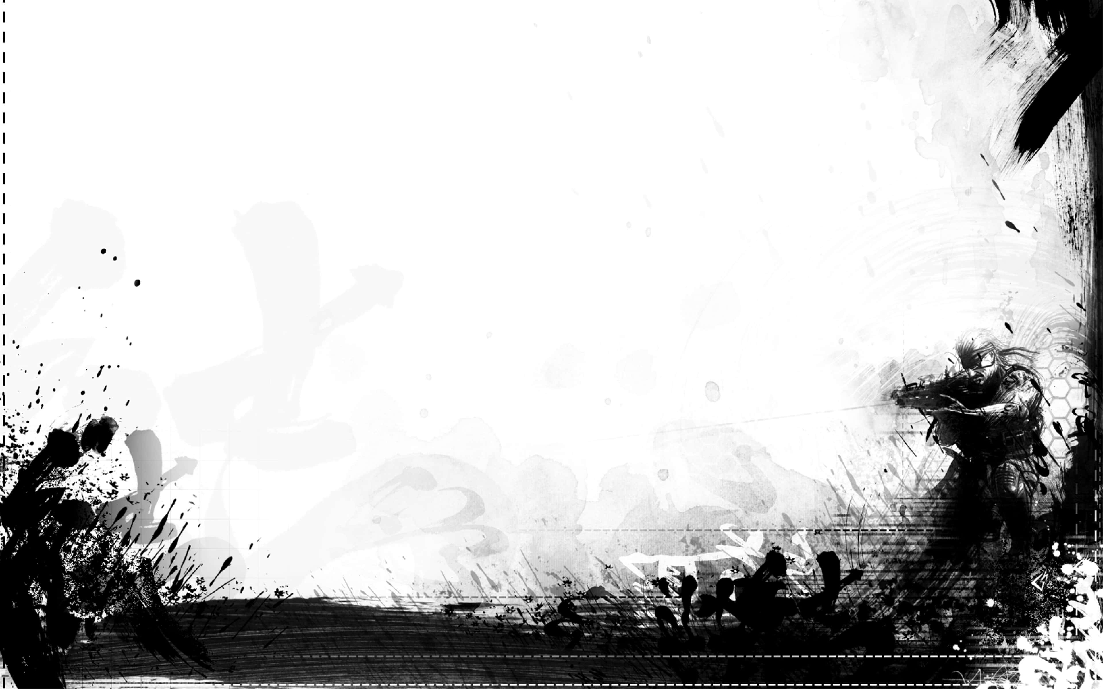 Minimalist Monochrome 桌布 壁紙 — 一幅粗糙的黑白插圖，描繪一名士兵在戰鬥中，墨水飛濺和污漬框住場景。