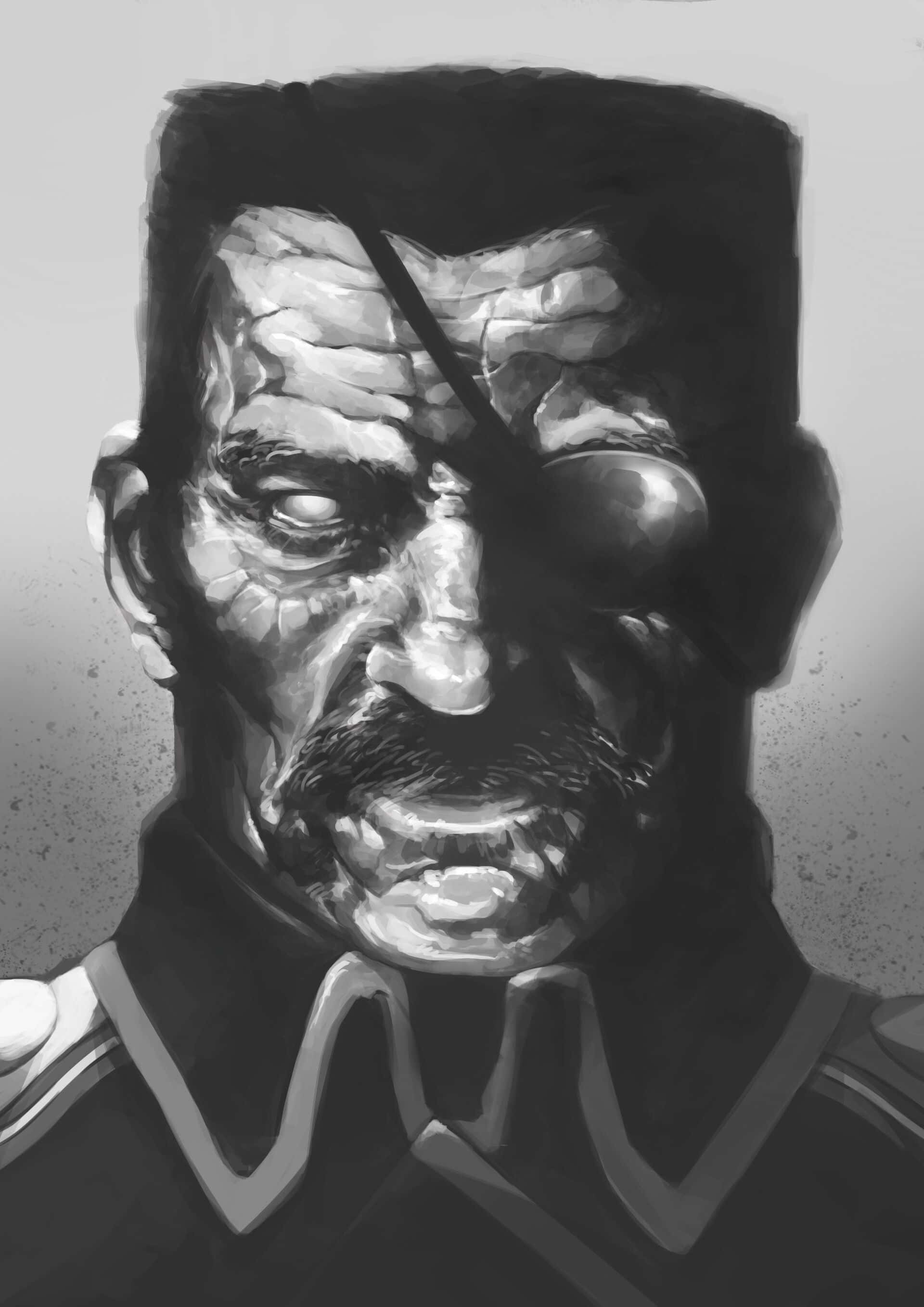 King Bradley 桌布 壁紙 — 一幅粗糙的黑白插圖，描繪一名臉上帶有疤痕、單眼戴著眼罩、表情嚴肅的士兵。