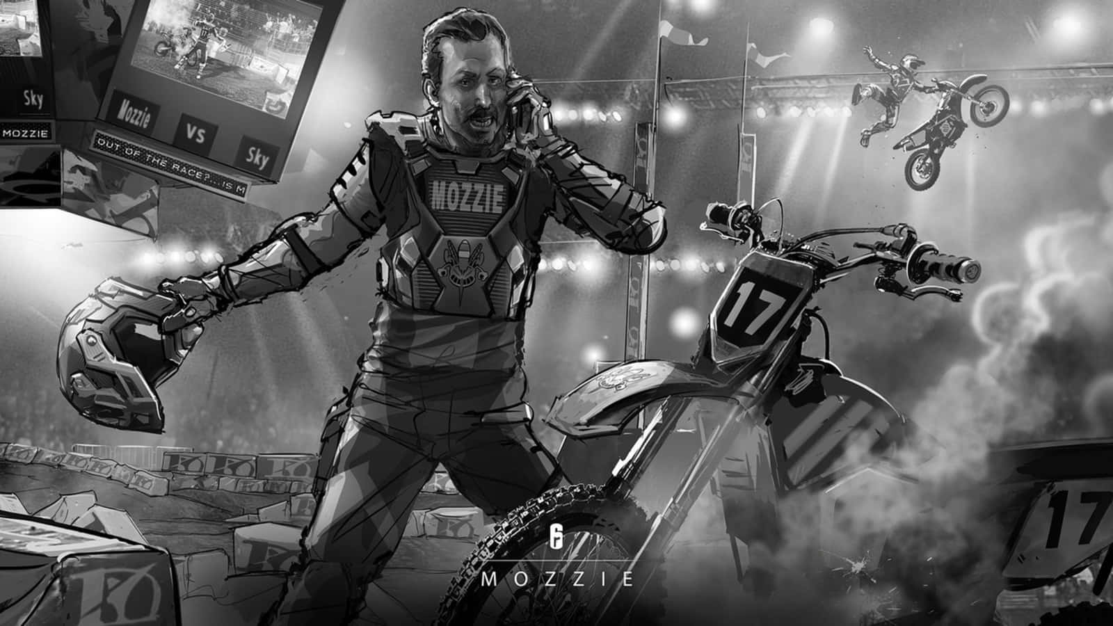 Rainbow Six Siege Mozzie 桌布 壁紙 — 一幅粗糙的黑白插圖，描繪一名身穿裝備的越野電單車手在煙霧和體育場燈光中手持頭盔。