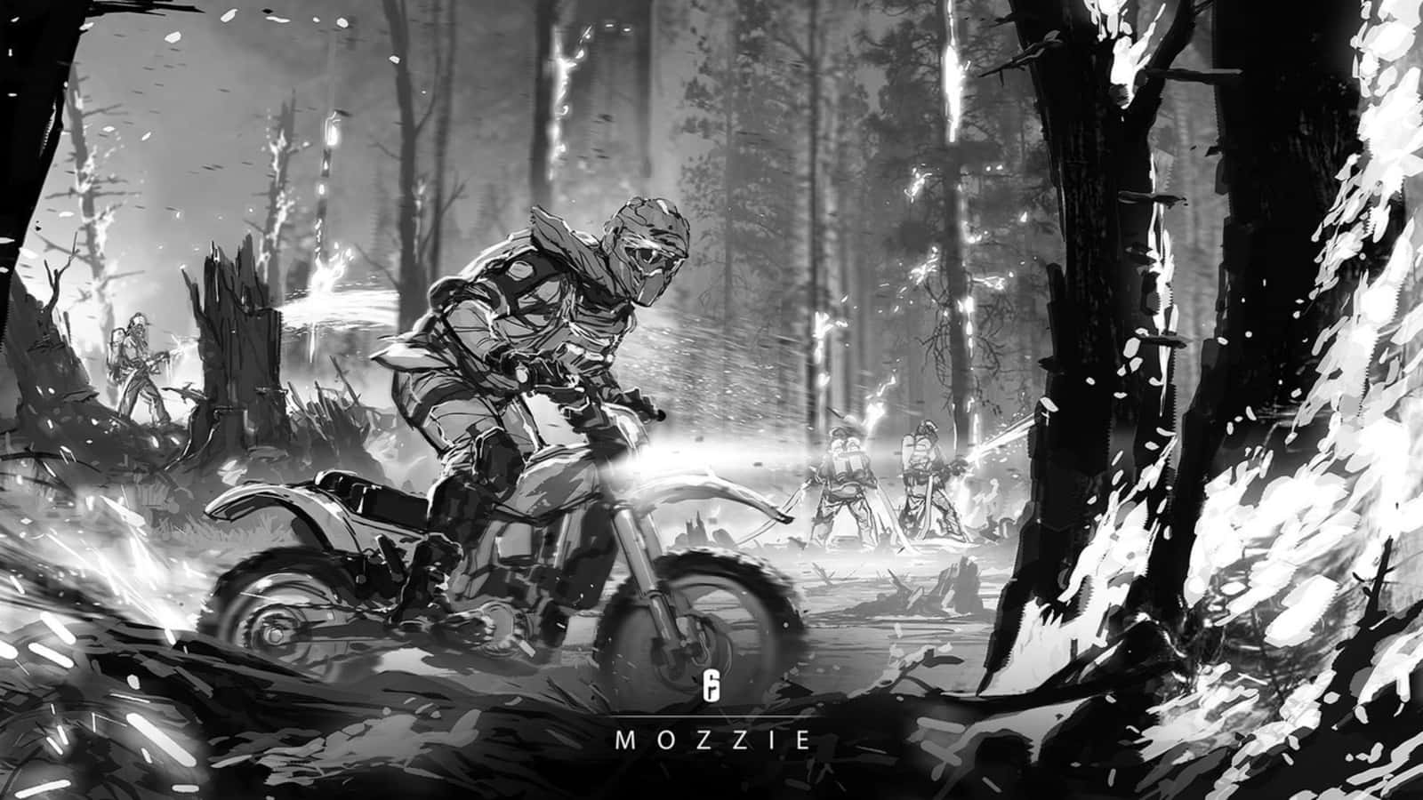 Rainbow Six Siege Mozzie 桌布 壁紙 — 一幅粗糙的黑白插圖，描繪一名電單車手在黑暗的森林中疾馳，車輪飛濺出火花。