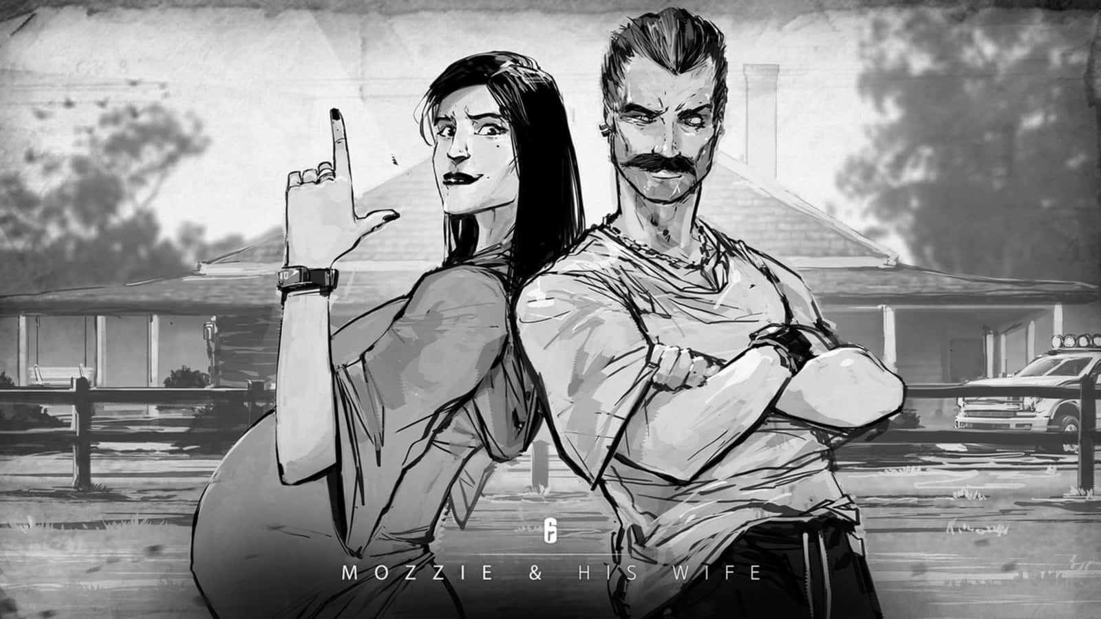 Rainbow Six Siege Mozzie 桌布 壁紙 — 一幅粗糙的黑白插圖，描繪一男一女背對背站在郊區房屋前，附近停著一輛復古卡車。