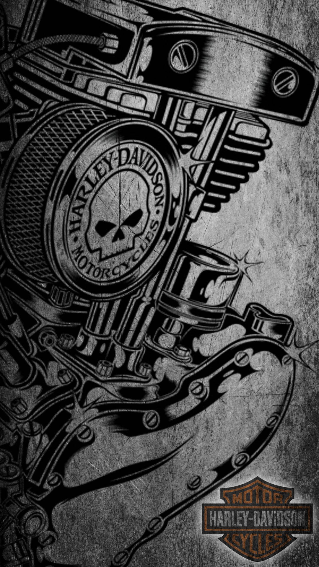 Harley Davidson 標誌 桌布 壁紙 — 一幅粗糙的黑白插圖，描繪了哈雷戴維森電單車引擎，帶有骷髏標誌和詳細的機械部件。