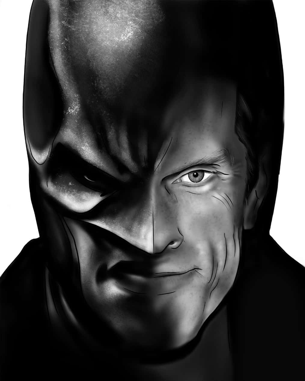 Kevin Conroy 桌布 壁紙 — 一幅粗糙的黑白插圖，描繪蝙蝠俠嚴峻的面容，一隻眼睛清晰可見，表情嚴厲。