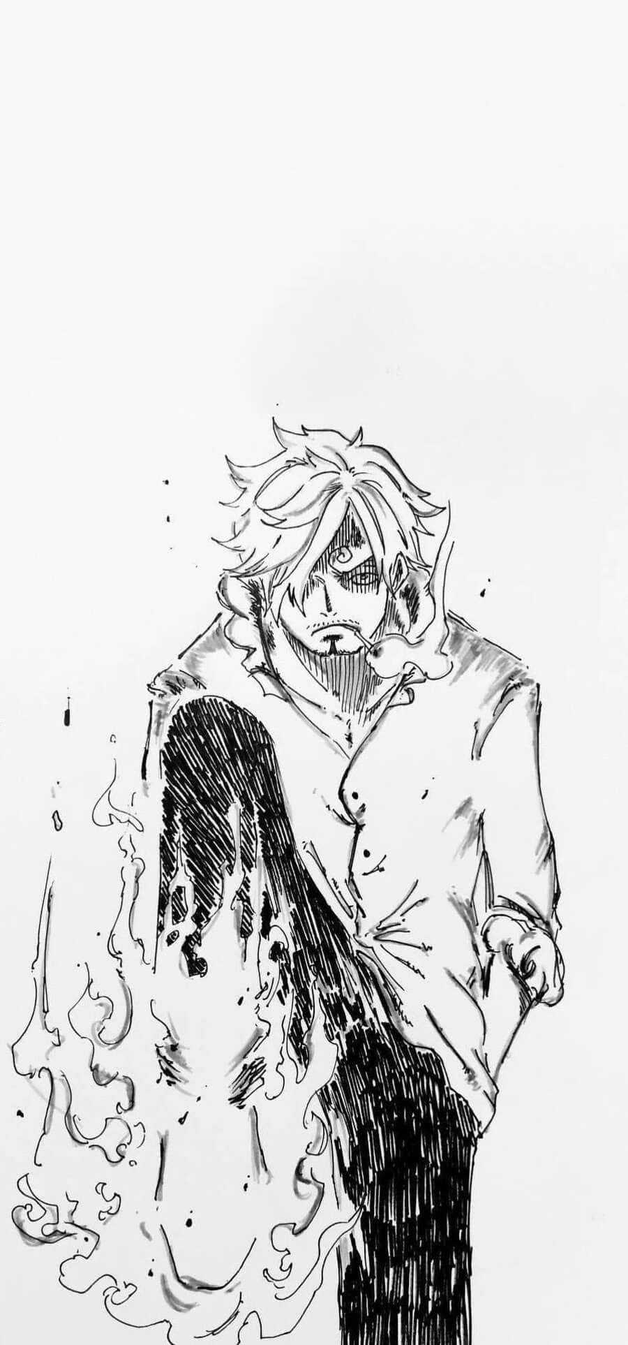 One Piece Manga 桌布 壁紙 — 一幅粗糙的黑白素描，描繪一個疲憊的動漫角色，頭髮凌亂，襯衫破爛，周圍環繞著旋轉的墨水狀火焰。