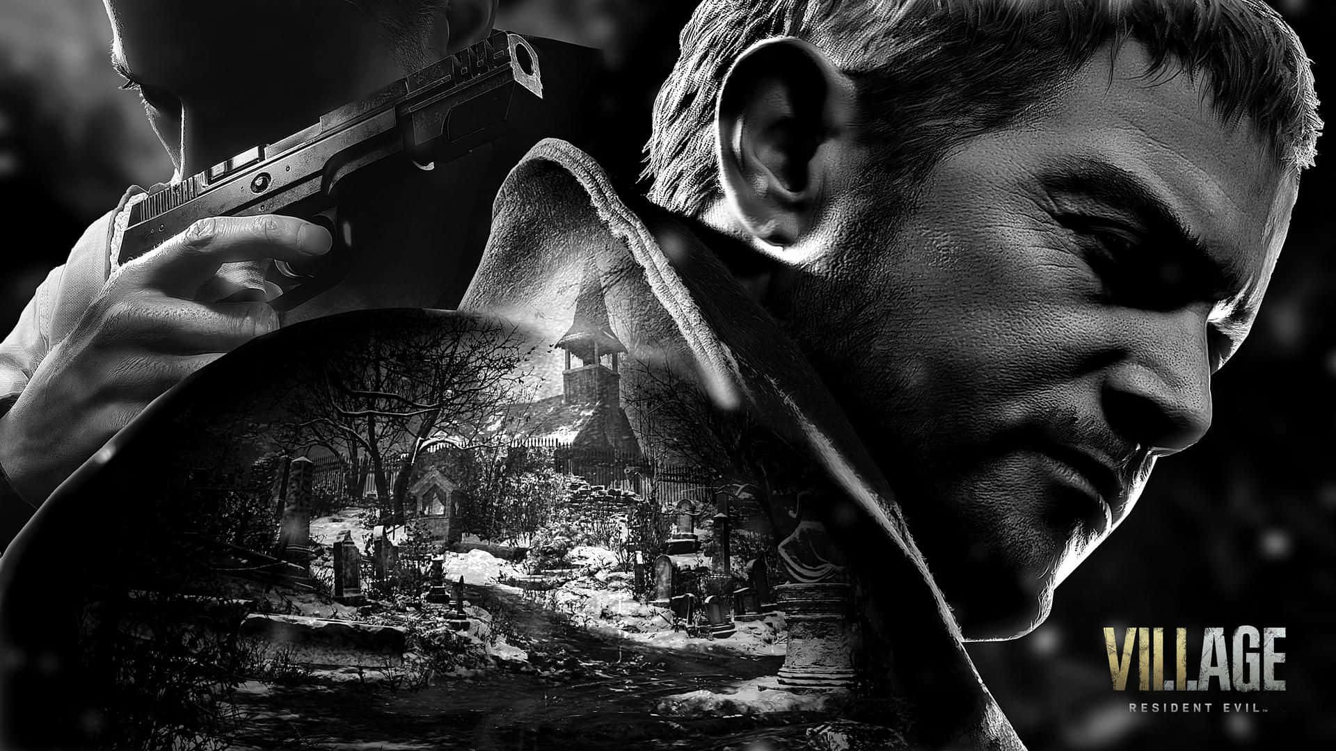 Resident Evil Village 桌布 壁紙 — 一幅粗糙的黑白肖像，一個男人拿著槍，他的外套上反射出一個鬧鬼的村莊。