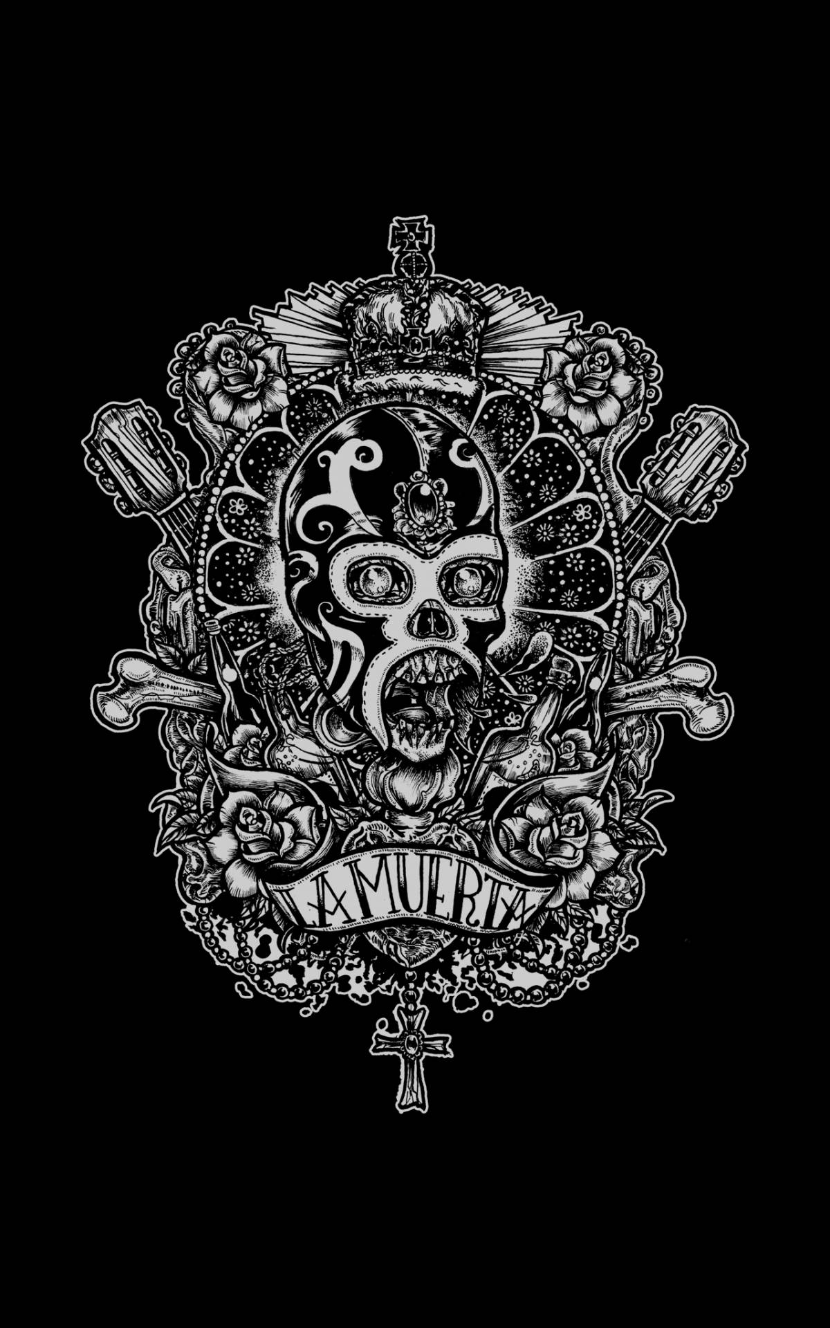 Chicano La Muerta 壁紙 — 一幅精細的黑白插圖，描繪了一個戴著皇冠的糖骷髏，周圍環繞著玫瑰、結他和骨頭，並帶有「muerte」一詞。