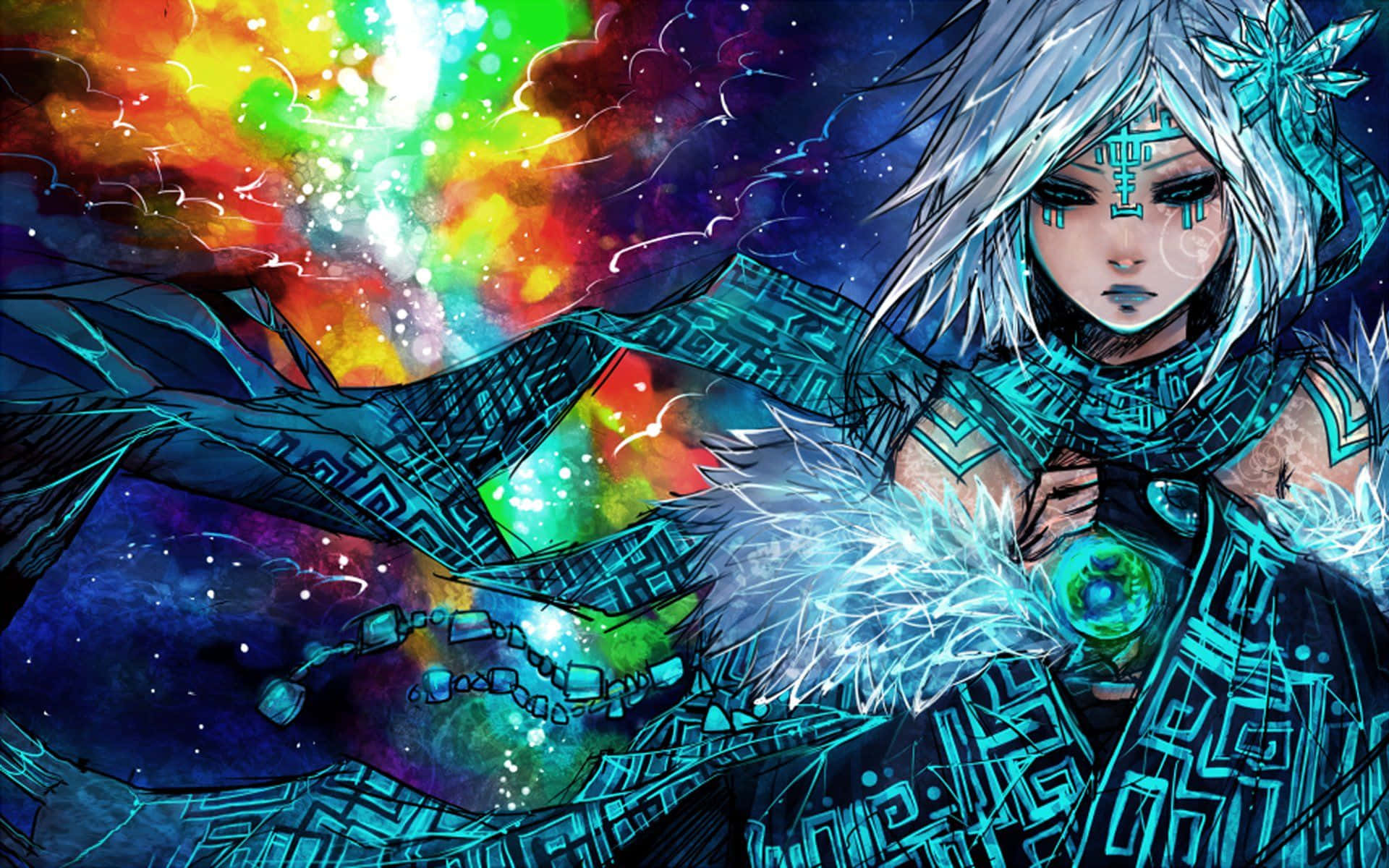 一幅精緻的動漫藝術背景插畫 壁紙 — 一位銀髮動漫戰士身穿青綠色盔甲，在宇宙彩虹星雲背景下手持發光球體。
