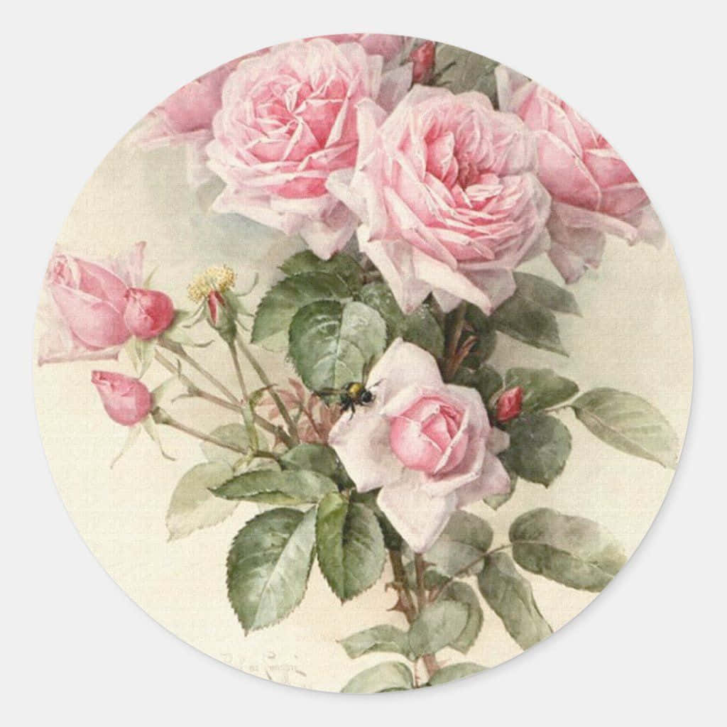 Vintage Rose 桌布 壁紙 — 一幅精緻的水彩畫，描繪了柔和的粉紅玫瑰、綠色葉子和一隻小蜜蜂，背景為奶油色。