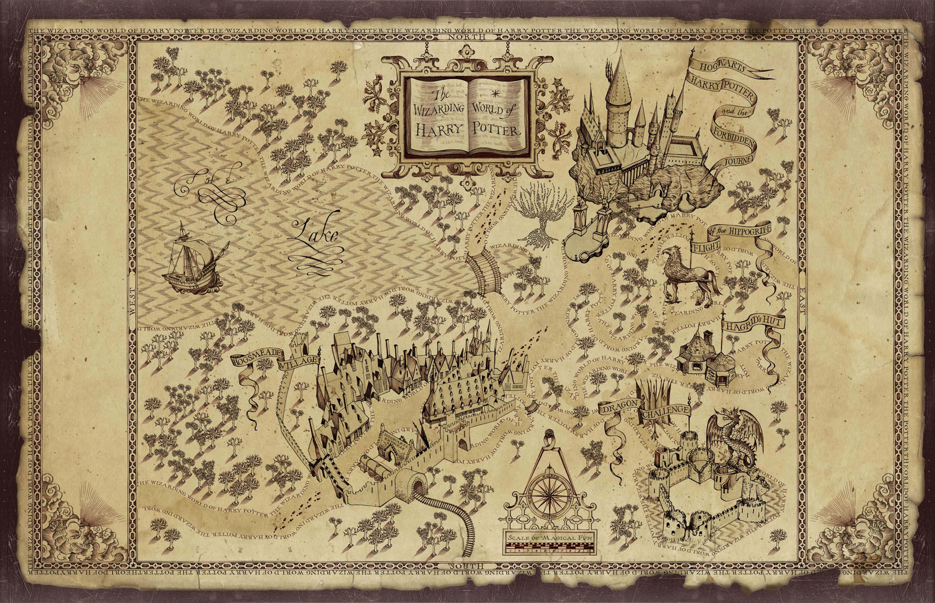The Marauder's Map 桌布 壁紙 — 一幅精緻細膩的復古風格哈利波特魔法世界地圖，描繪了霍格華茲城堡和魔法地標。