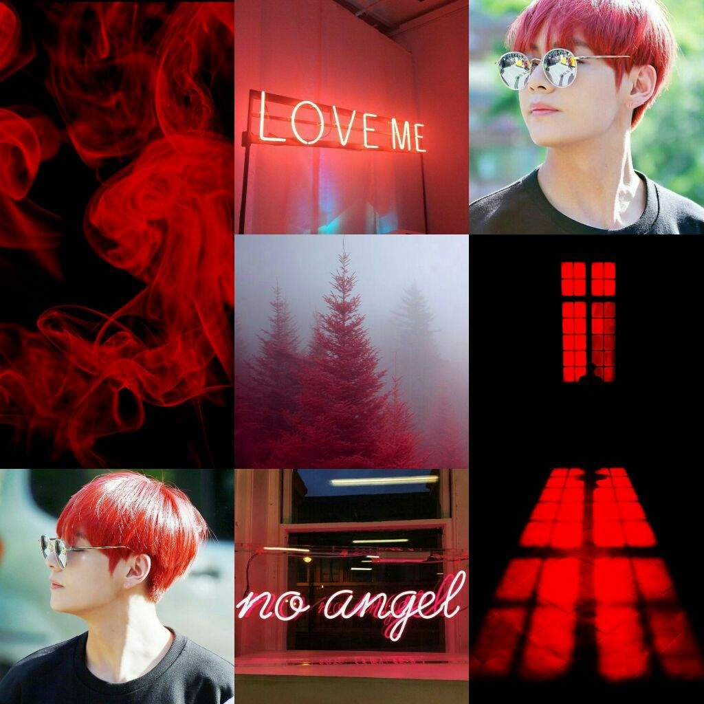 Kpop Aesthetic 桌布 壁紙 — 一幅紅色調的拼貼畫，包含旋轉的煙霧、霓虹燈牌、一個紅髮男子和霧氣籠罩的松樹。