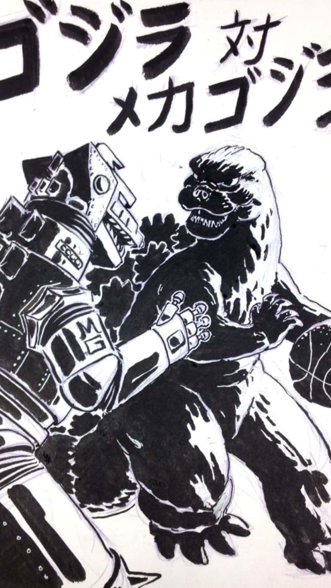 Godzilla Vs Mechagodzilla 桌布 壁紙 — 一幅經典日本怪獸電影海報風格的黑白插圖，描繪哥斯拉與機械哥斯拉的動態戰鬥。