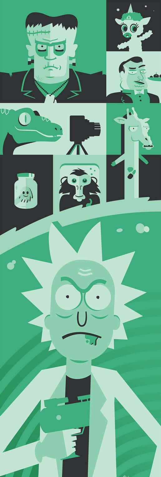 Wubba Lubba Dub Dub 桌布 壁紙 — 一幅綠色色調的插圖拼貼畫，以風格化的漫畫書佈局呈現瑞克·桑切斯和其他動畫角色。