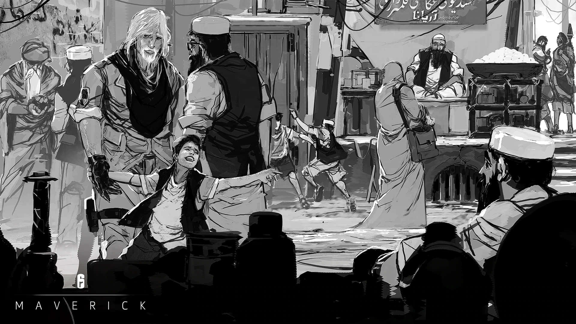 Rainbow Six Siege Maverick 桌布 壁紙 — 一幅繁忙的黑白街景，描繪不同穿著傳統服飾的人物在市場攤檔和懸掛紡織品之間互動。
