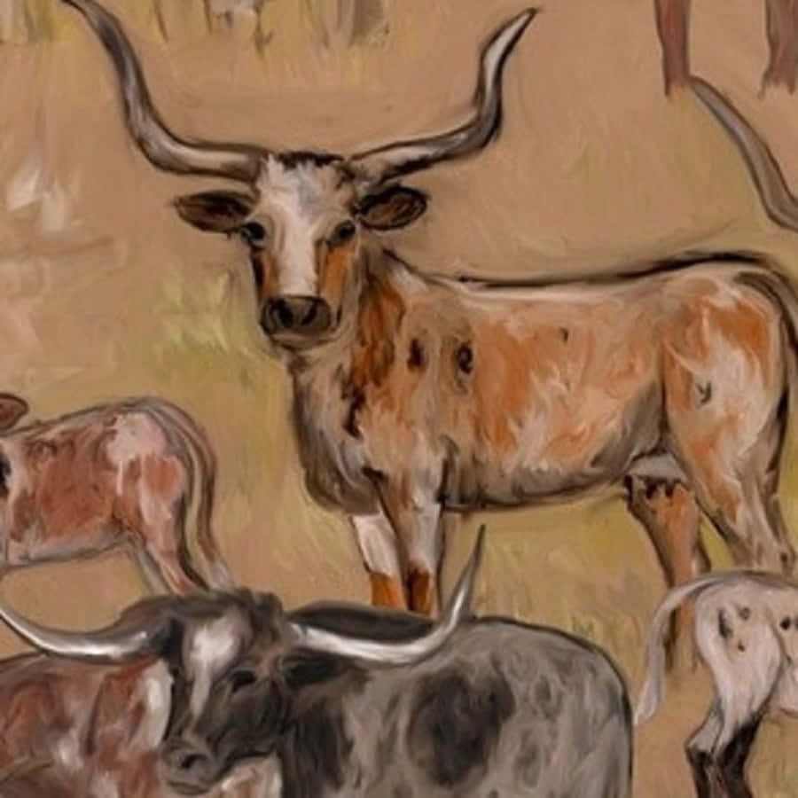 Brown Cow Print 桌布 壁紙 — 一幅繪畫插圖，描繪了長角牛，彎曲的牛角，站在暖色調的田野中。