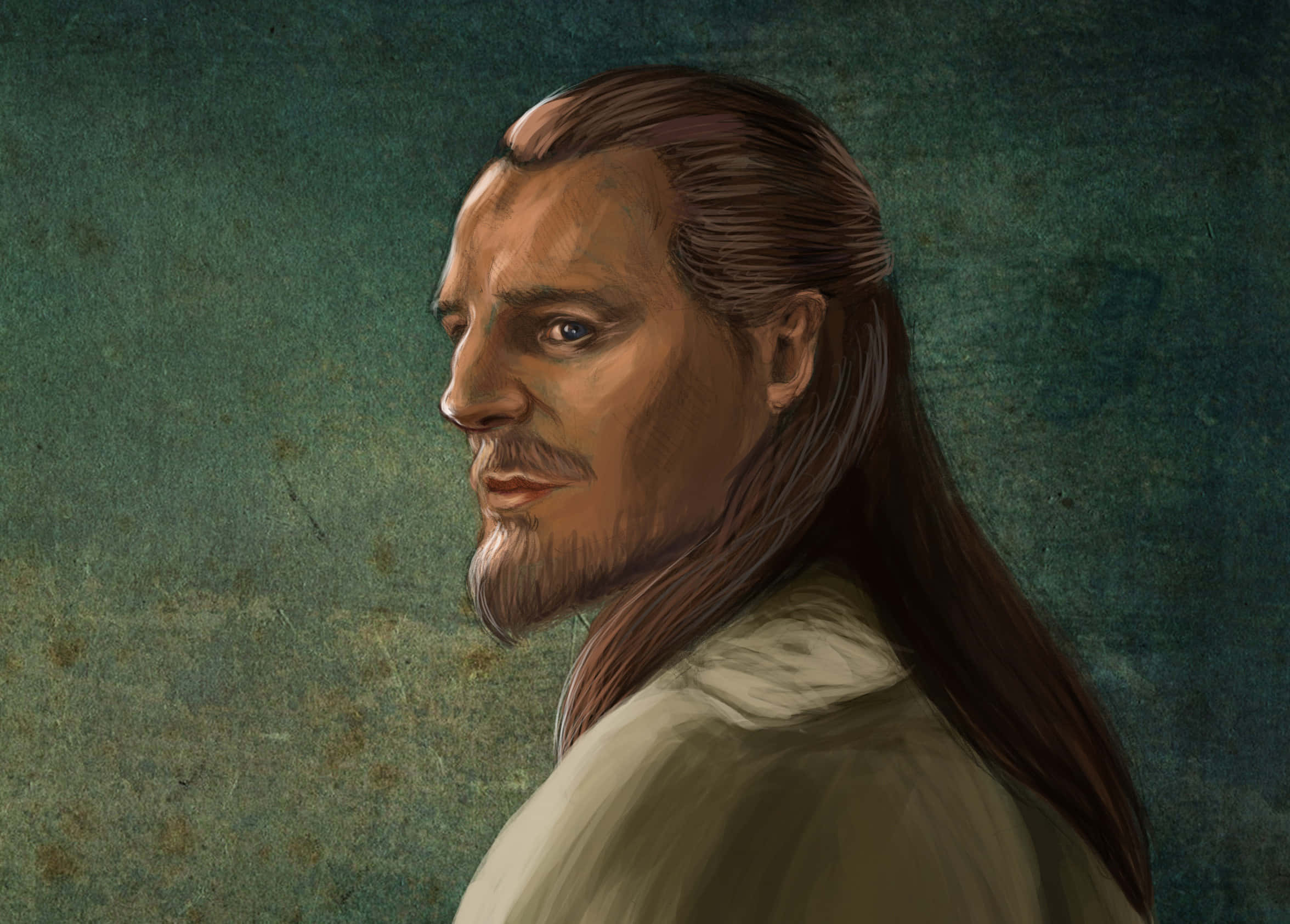Qui-gon Jinn 桌布 壁紙 — 一幅繪畫肖像，描繪一位留著長棕髮和鬍鬚的男子，側面輪廓，背景為有紋理的青綠色。