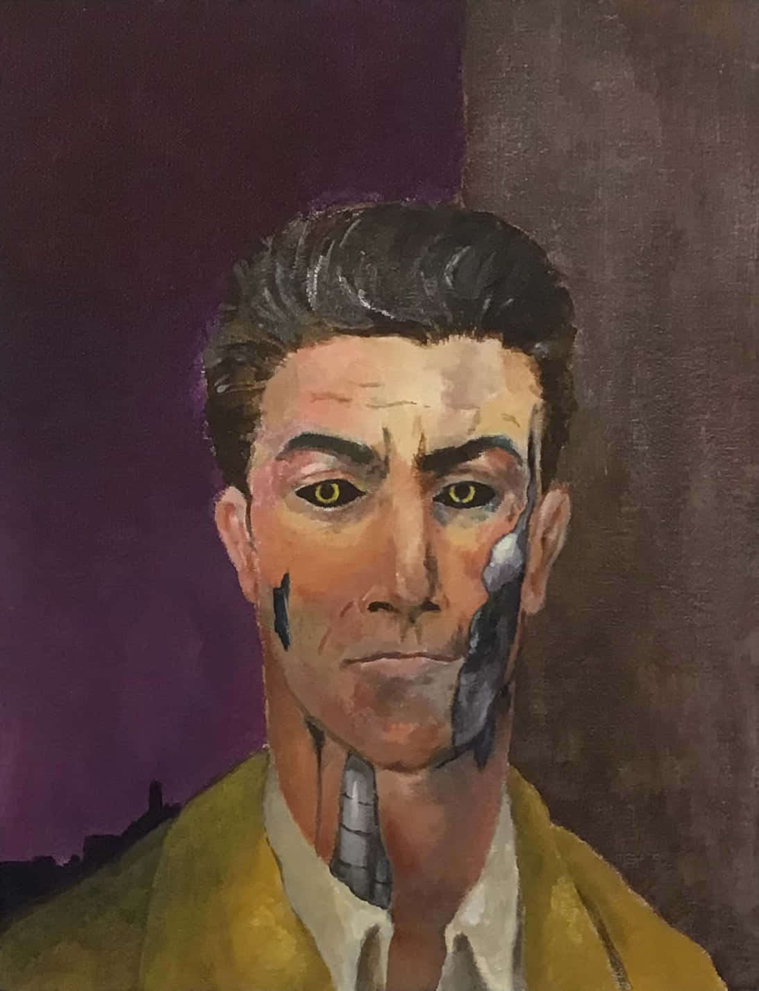 Nick Valentine 桌布 壁紙 — 一幅繪畫肖像，描繪一名男子半邊臉和頸部被機械部件取代，背景為紫色和灰色。