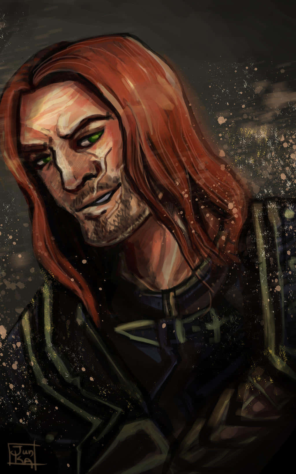 Skyrim Brynjolf 桌布 壁紙 — 一幅繪畫肖像，描繪一名長著紅色長髮和綠色眼睛的男子，身穿深色盔甲，背景為粗糙紋理。