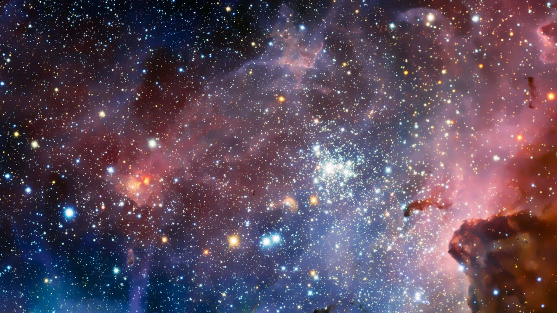 充滿發光恆星和彩色氣體雲的鮮豔宇宙星雲，位於深空。 — 4K太空 壁紙