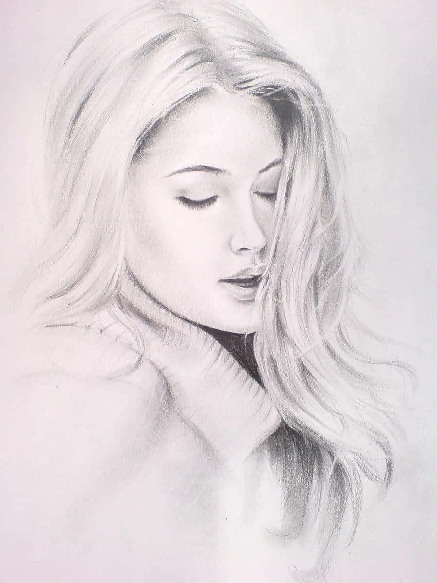 一幅美麗的手繪鉛筆畫 壁紙 — 一個寧靜的鉛筆素描，描繪一位閉著眼睛、飄逸金髮的女性，手輕輕觸碰她的脖子。