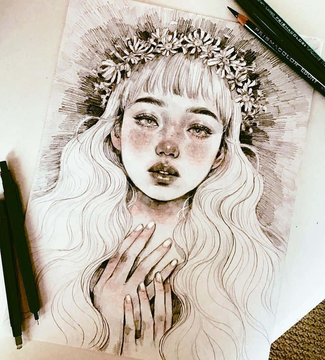 一幅美麗的抽象審美畫作 壁紙 — 一幅詳細的鉛筆畫，描繪一位年輕女性，長捲髮，戴著花冠，雙手在胸前交握，周圍環繞著美術用品。