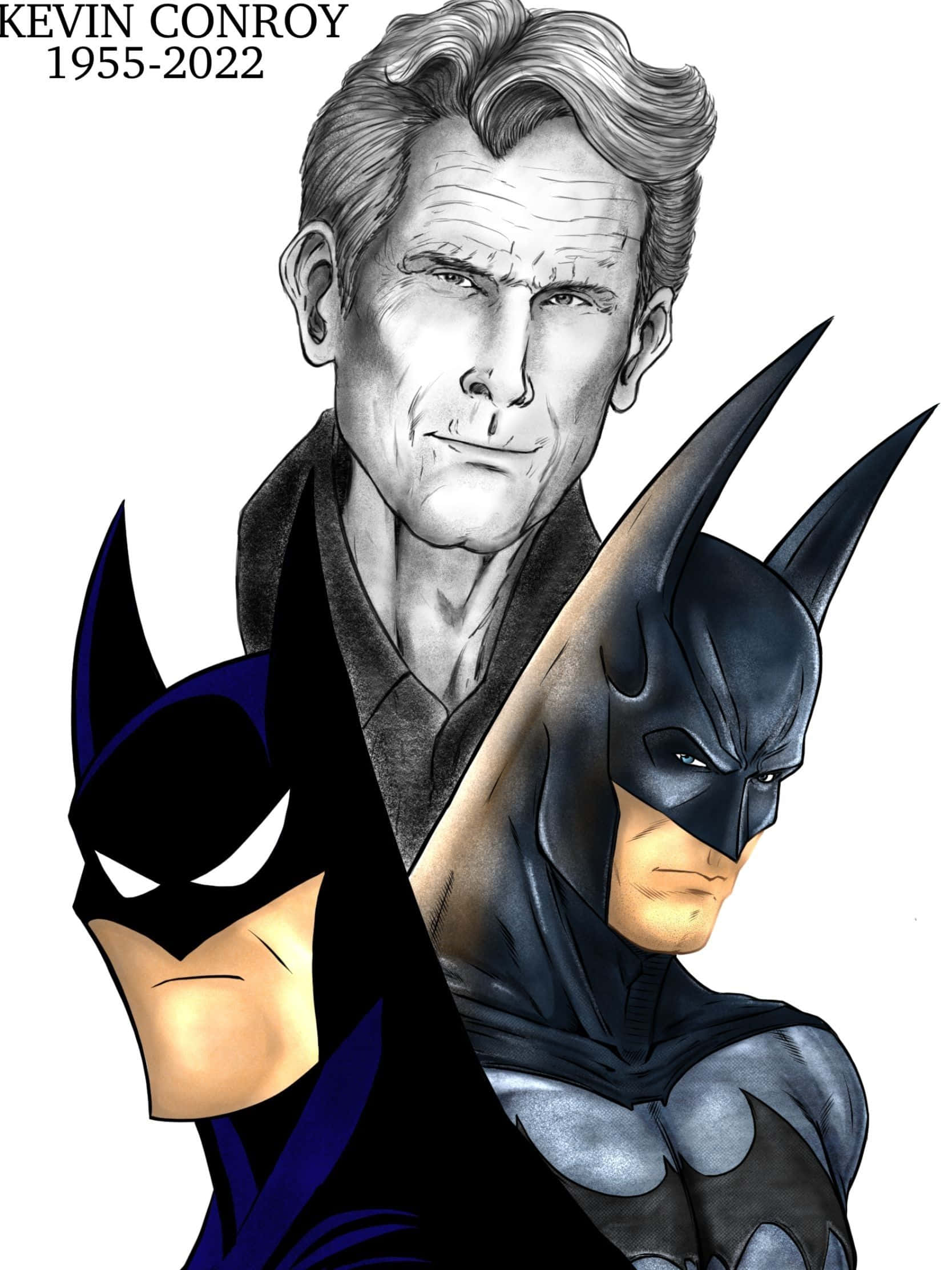 Kevin Conroy 桌布 壁紙 — 一幅致敬插圖， featuring Kevin Conroy 的肖像以及兩個風格對比的標誌性蝙蝠俠角色設計。